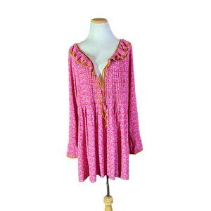Free People Size L Blossom Baby Tunic Top Mini Dress Pintucks Pink Floral Print